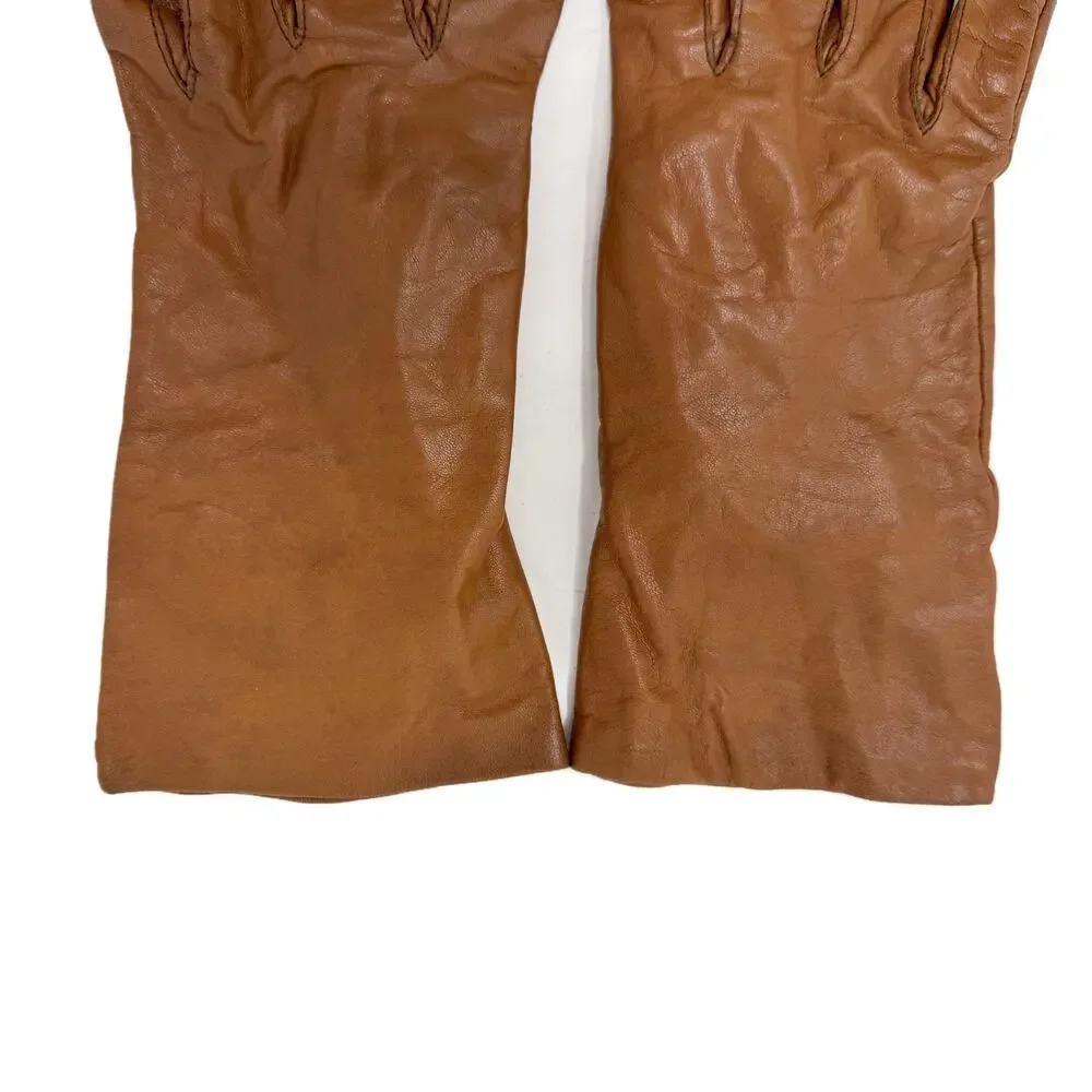 Vintage Honey Brown Leather Winter Dress Gloves Womens size S/M Lined